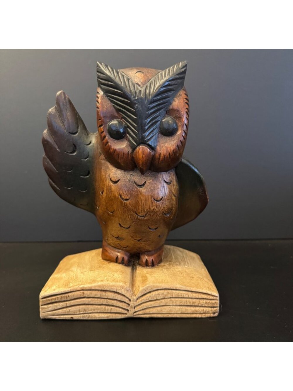 Handcrafted Carved Wooden Owl Figurine On Book Base 8 inches